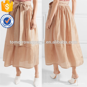 Belted Ivory And Brown Striped A-Line Midi Summer Skirt Manufacture Wholesale Fashion Women Apparel (TA0051S)